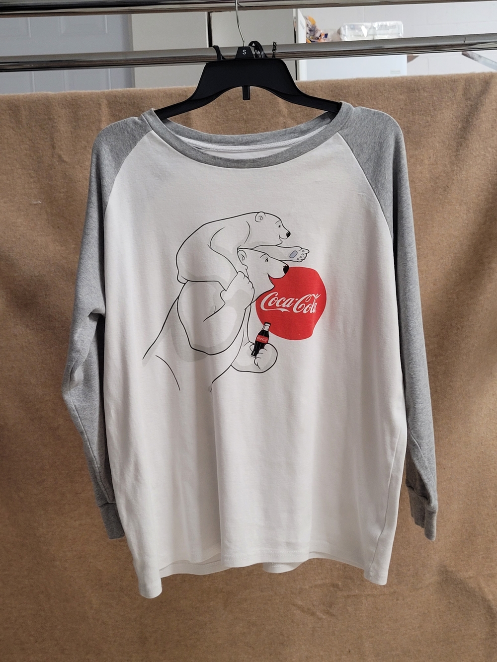 Coca Cola White Tee with Light Gray Raglan Sleeves and Polar Bear Graphic